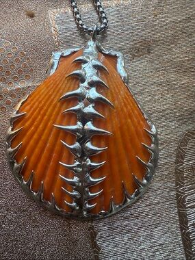 Handcrafted Orange Shell Pendant Necklace - Silver Accent